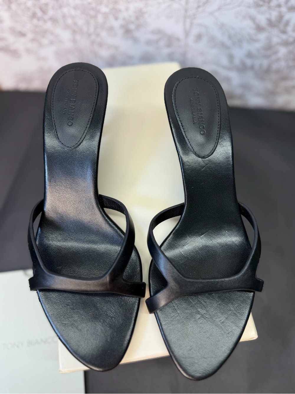 Tony Bianco Daisy Sandal in Black Como leather mid heel almond toe slip-on - Picture 5 of 8
